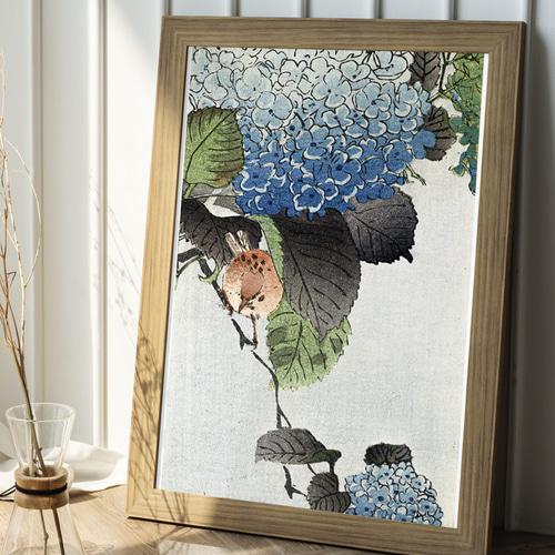 雀と紫陽花の日本画絵画アートポスター☆青色鳥梅雨和室浮世絵和モダン