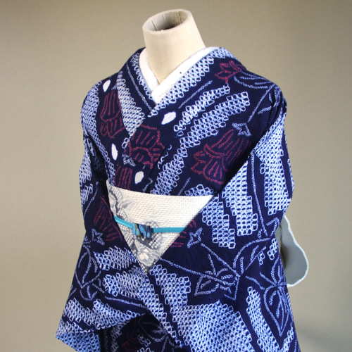 ◇現代 有松鳴海絞 浴衣◇【濃紺朱】すっと伸びる芥子の花が怪しく