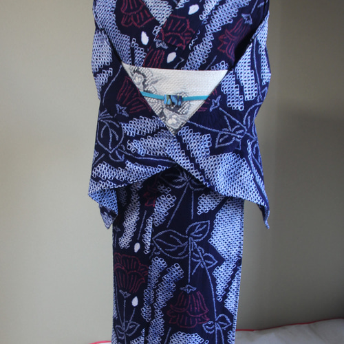 ◇現代 有松鳴海絞 浴衣◇【濃紺朱】すっと伸びる芥子の花が怪しく