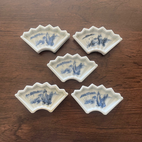 お得＞伊万里染付扇型豆皿5枚 江戸幕末期 薬味皿・豆皿 antique art