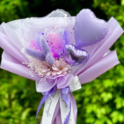 フェザー＆ハート入りクリアバルーン フラワーブーケ｜卒業祝い｜発表
