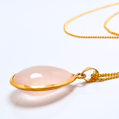 K18 24mm 無垢 ローズクォーツ/紅水晶 天然石ネックレス - つゆ