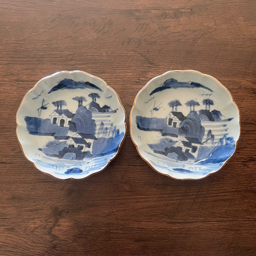 伊万里染付山水膾皿2枚組 鉄釉縁取り 手描き風景 国内残留品 お椀