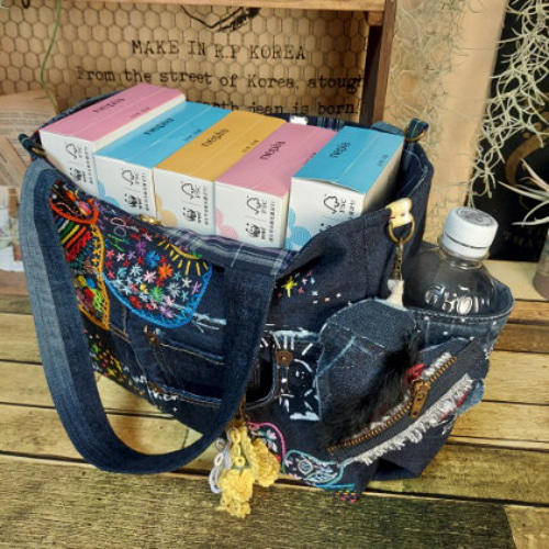 刺繍デニムバック No.554 デニムリメイク ショルダーバッグ サイド