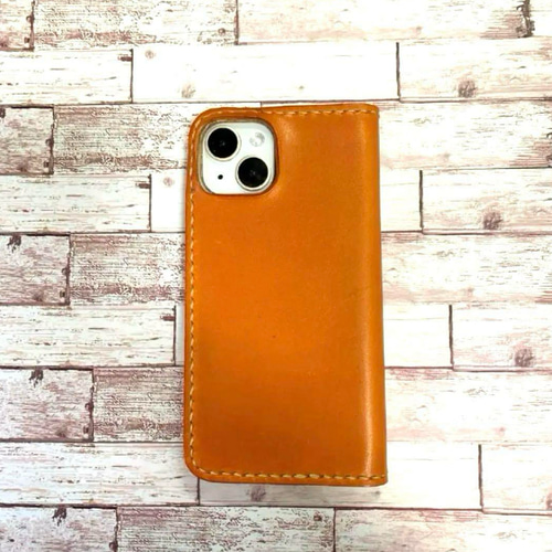2枚ポケット付き 栃木レザー キャメル iPhoneケース 手帳型 本革