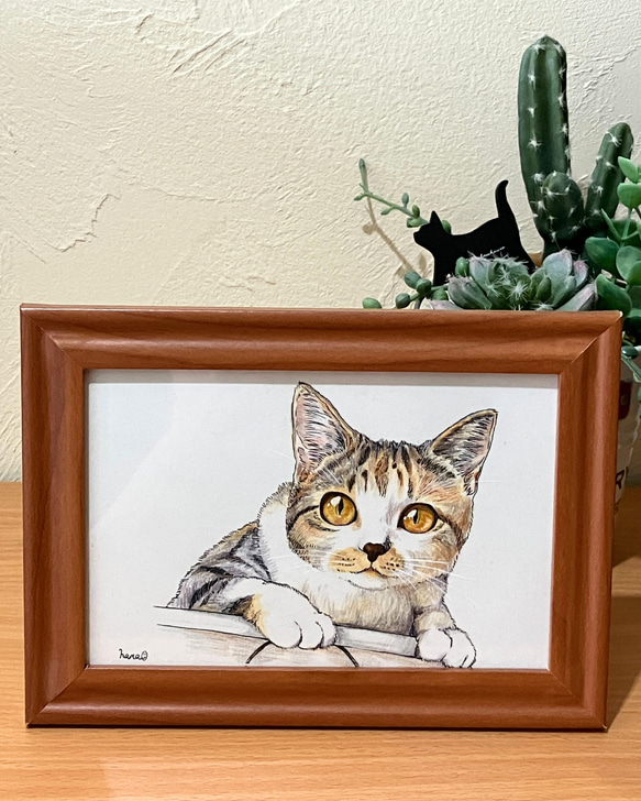 原画イラスト 一点物 三毛猫 まんが風イラスト フレーム付 L判サイズ