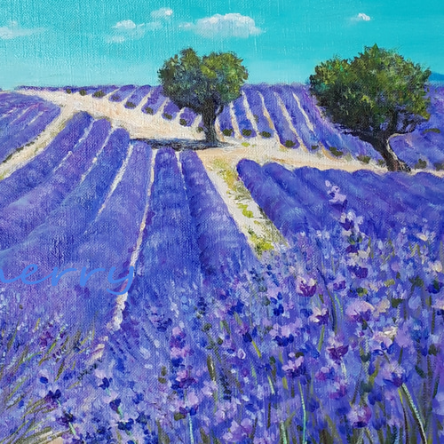 一点物】『 ラベンダー畑とハートの木 』油絵 F4号 油彩 油画 絵画
