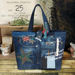 大きめ 花刺繍 デニムバック ～ リメイクバック パッチワークバック