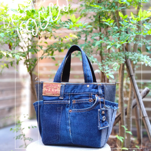 №764【DENIM✖️サイドポケットToteBag⚮̈】デニムリメイクトート