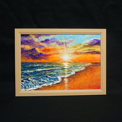 油絵 油彩 油彩画 絵 絵画 【夕陽に染まる海】A4 絵画 HR 通販