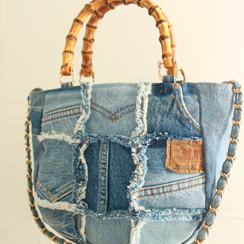 デニムフリンジパッチバンブートートバッグ デニムリメイク リーバイス