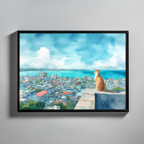 沖縄の街と海を見渡す猫の風景 – 水彩画アート ねこ インテリアアート