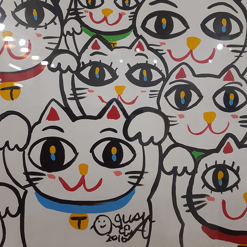 カラフルな招き猫のポップアート絵画 色紙サイズ 画家 小楠アキコ作品