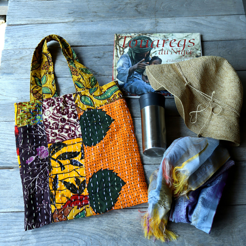 アフリカ布の刺し子パッチワークバッグ（裏地付き）オレンジ 一点もの