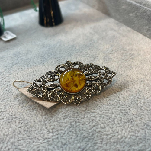 琥珀 ブローチ マーカサイト アンティーク ブローチ デザイン シルバー