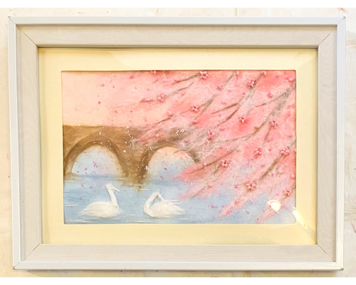 和紙ちぎり絵『石橋と桜と白鳥』葉書サイズ原画 切り絵 彩紘工房 通販