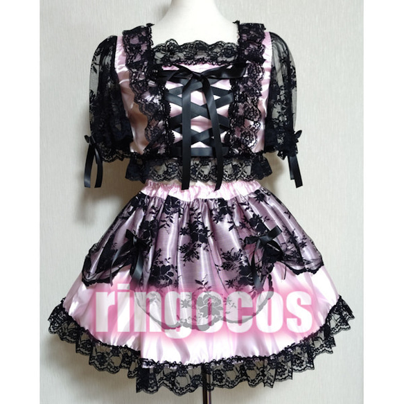 アイドル衣装 ピンク×黒 編み上げリボン オリジナル ハンドメイド