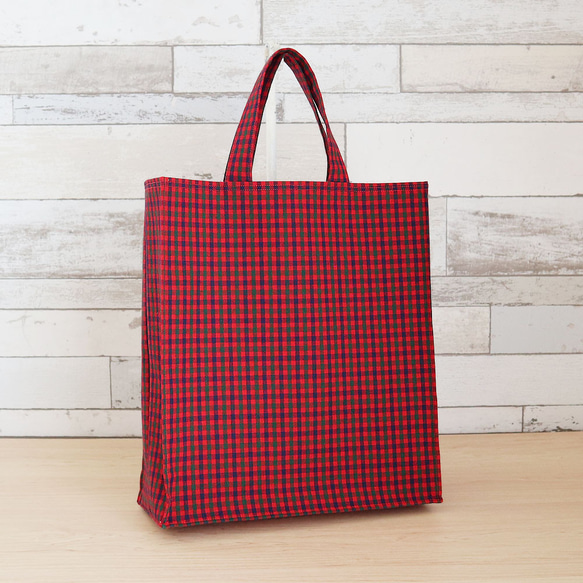 ファミリア風 赤チェック ネイビー タータンチェック 紙袋型トート