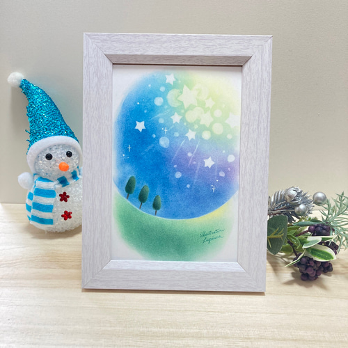 送料無料 卓上 パステル アート キラキラ 星 夜 木 パステル画 手描き