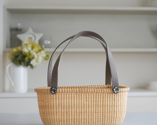 ナンタケットバスケット・バントレイ・グレージュ本革ハンドル かご