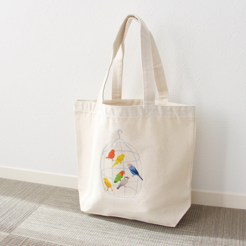 p-jet カゴと小鳥 トートバッグ / A4ファイル対応 / 鳥 インコ