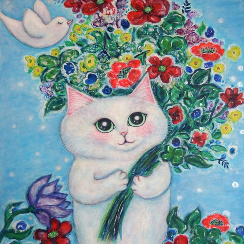 原画 「カラフルな花束を持った白猫」 F10号 ＃絵画 ＃ねこ ＃猫の絵