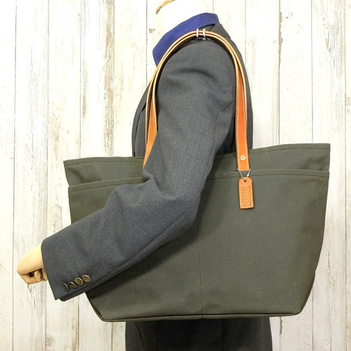 受注生産・送料無料】7つポケット！本革×帆布の大型トートバッグ