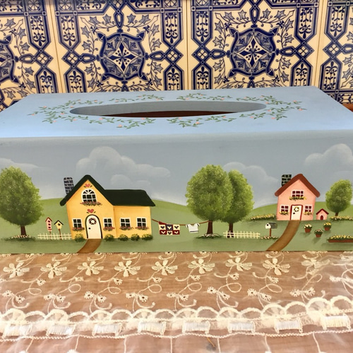 トールペイント カントリー風景のティッシュボックス ティッシュケース