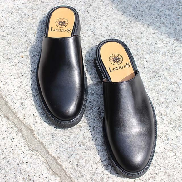 即納】メンズ レザーミュール サンダル 本革 革靴 ブラック グリーン