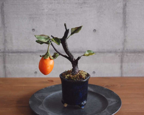 ◇粘土のお花◇ 柿盆栽【ロウヤガキ（老爺柿）】・・・高さ19センチ
