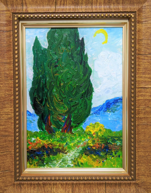 油絵 菅家令子 絵 絵画インテリア額付(青緑＋金色の枠)uF6-063504花器