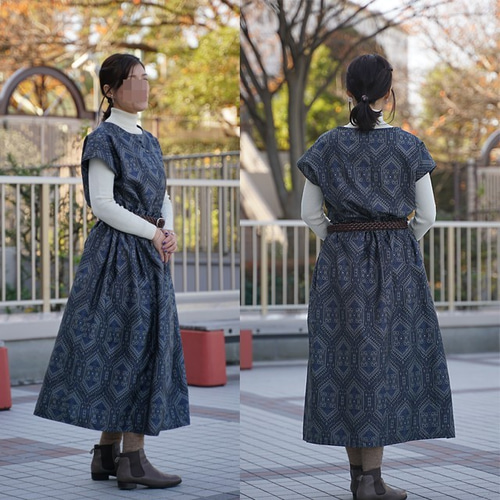 着物リメイク◇大島紬のギャザーロングスカート＋くるみぼたんプル