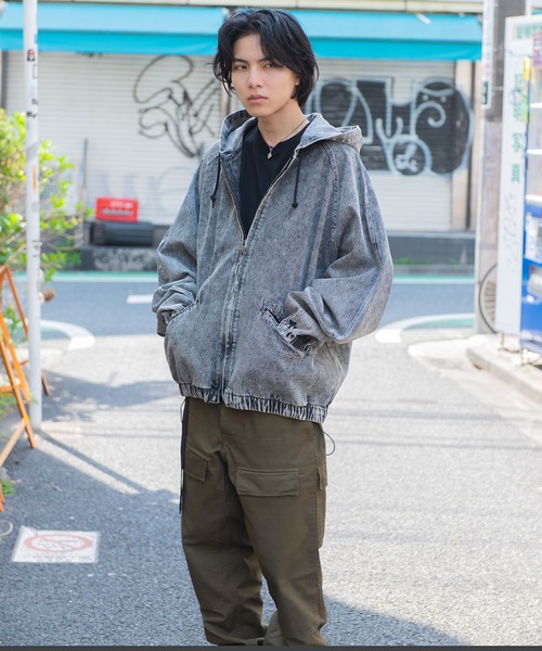 セール】vintage like hard wash denim hoodie/ヴィンテージライク