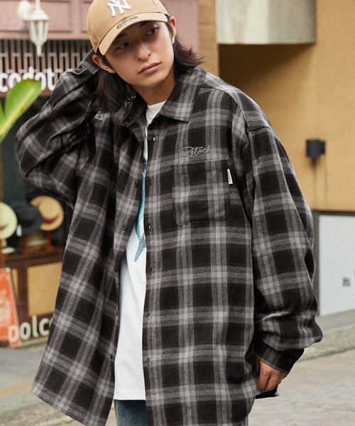 retock's】ロゴ刺繍 オンブレチェック ビッグシルエット長袖シャツ