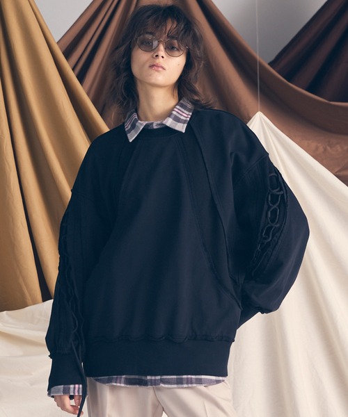 UNISEX》Waffle Switch Lace-up Sweat Prime-Over Crew Neck Pullover