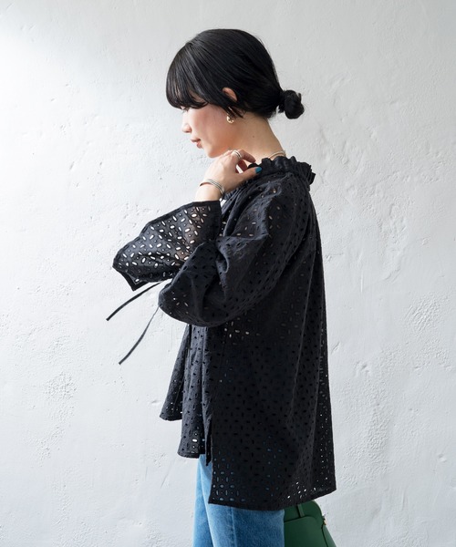 Sea NEW YORK カットワークレースブラウス フリル刺繍 ブラックS Sea