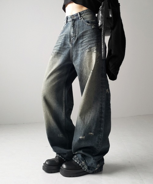 選べる4サイズ 】Y2Kヴィンテージダメージワイドルーズデニム（デニム