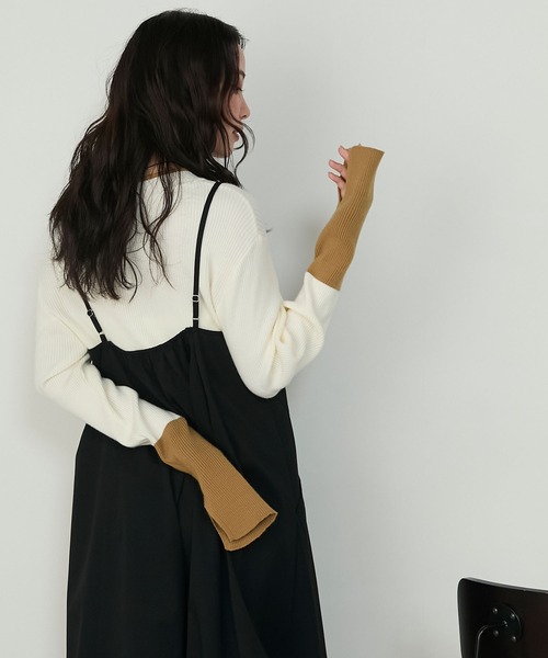 forksy.】【吸湿発熱】袖口配色スリットハイネックリブニット forksy