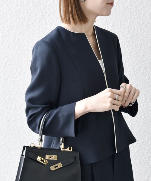 WEB限定】SHIPS any:〈洗濯機可能〉ダブルクロス ペプラム ノーカラー