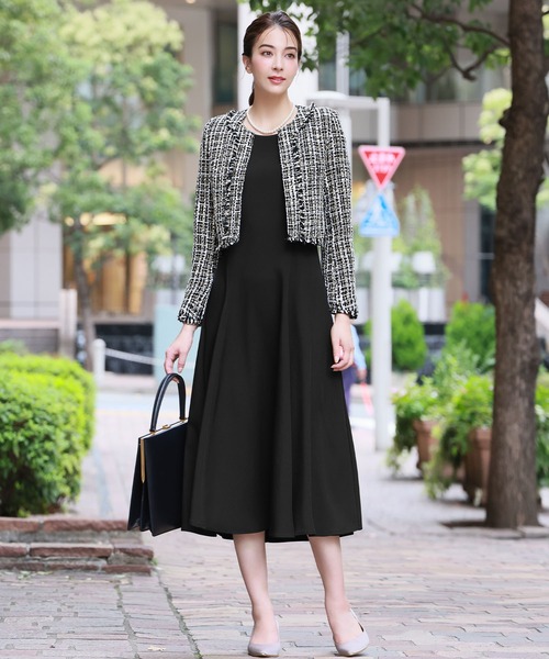 セール】ツイードノーカラージャケット フレアワンピース セットアップ