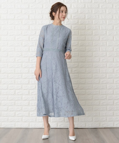 セール】七分袖総レースミモレ丈ワンピース・ドレス（ドレス）｜Lace