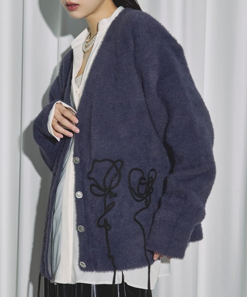 セール】flower rope knit ロープ刺繍シャギーニットカーディガン
