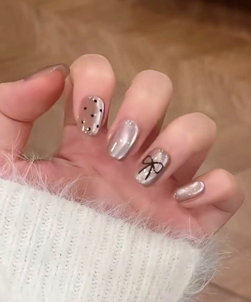 リボン ドット スクエア ネイルチップ セット（ネイルシール/ネイル