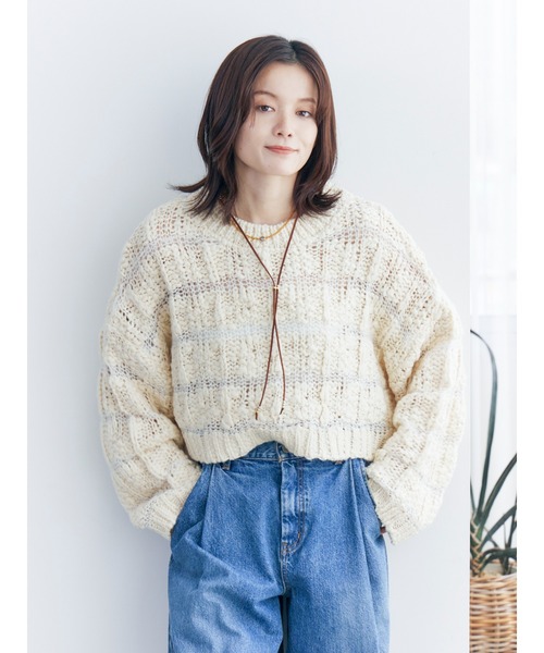 セール】透かし編みデザインショートニット（ニット/セーター
