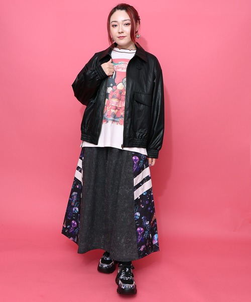 セール】153771：ネコ刺繍フェイクレザー×裏地ブルゾン（ブルゾン