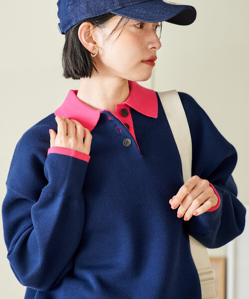 マシーンウォッシャブル＞ スウェットライク 配色ポロニット（ニット