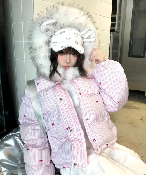 セール】ふわもこリボン柄ビッグファーダウン/Y2Kビッグファーフード