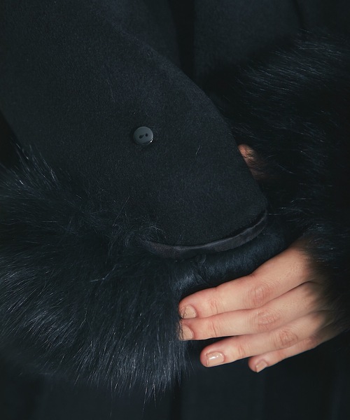 ウール コート 黒 ファー付き ウールライクファーティペット付きコート