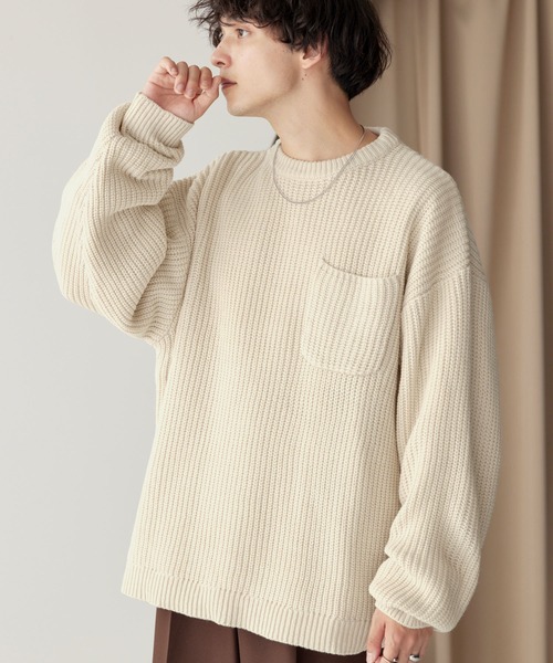 片畦編み ポケット ルーズクルーネックニット MONO-MART│MONO-MART