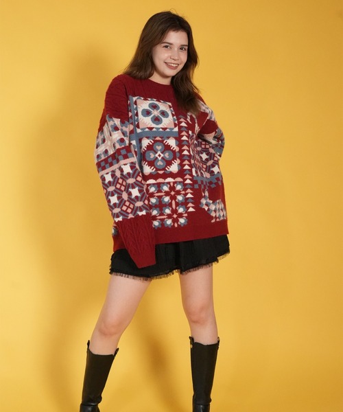 セール】HOOK -original- 北欧模様パッチワーク風ニット (AW)（ニット